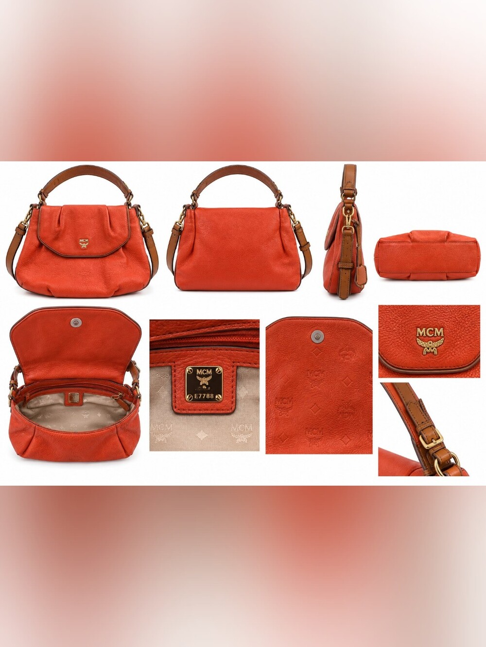 MCM Orange Pebbled Leather Top Handle Shoulder Bag with Gold Hardware